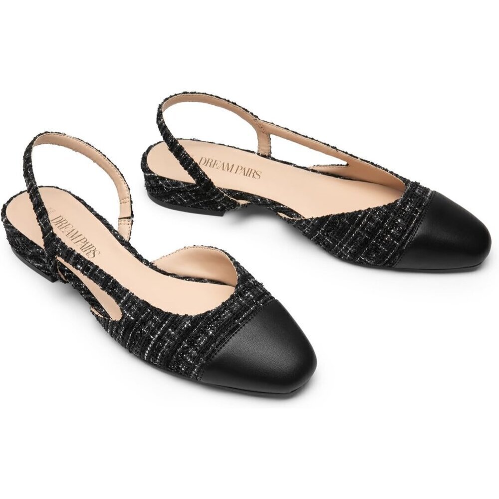 Dream Pairs Women's Black Faux Leather Cap Toe Slingback Ballet Flats Shoes